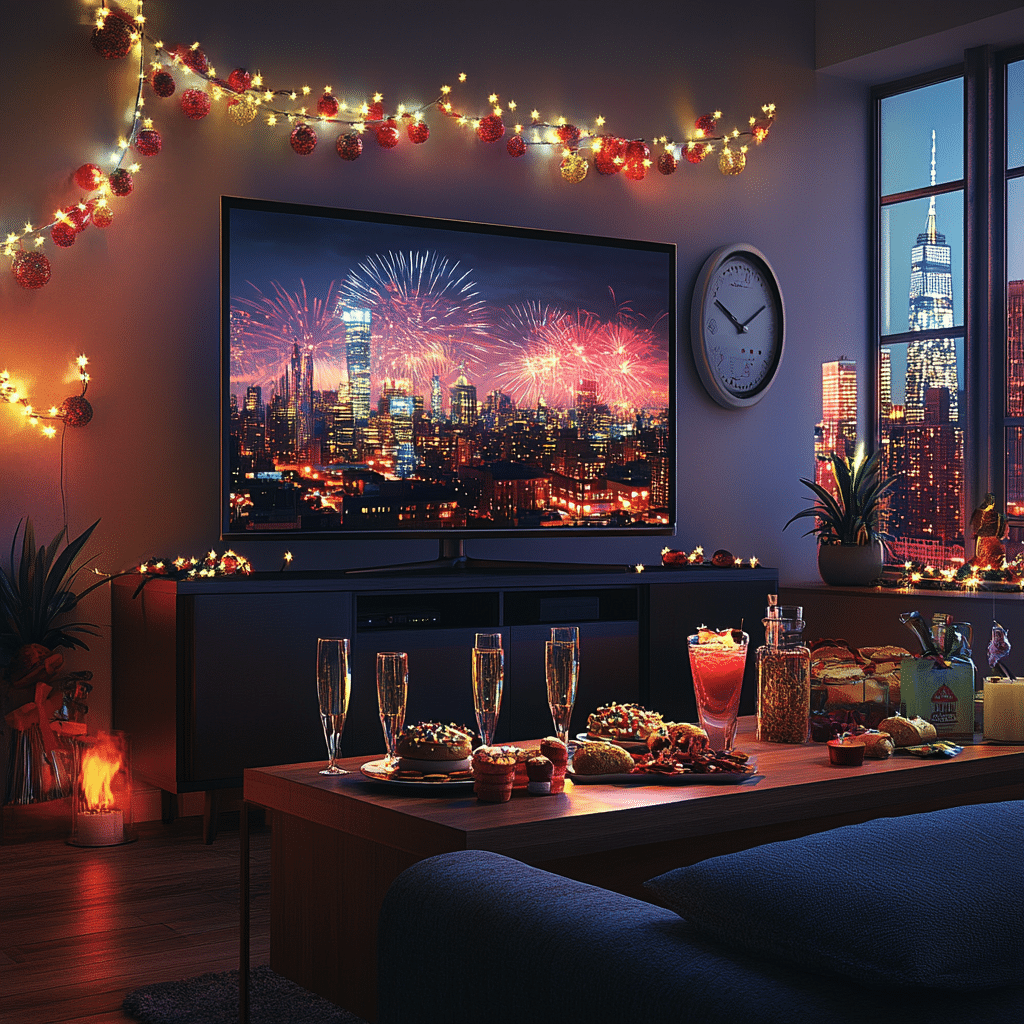 Ein gemütliches Wohnzimmer an Silvester, dekoriert mit Lichtern, einem gedeckten Tisch, einem Fernseher mit Feuerwerksbild und Blick auf eine Stadt mit Feuerwerk.