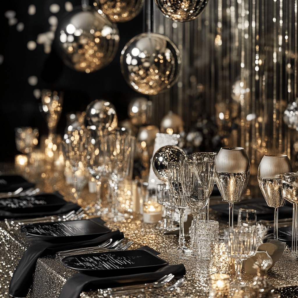 Tischdekoration für eine glamouröse Silvesterparty mit goldenen und silbernen Akzenten, glitzernden Gläsern, eleganten schwarzen Servietten und glänzenden Ballons.