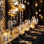 Elegante Tischdekoration für eine Silvesterparty mit goldenen Ballons, glitzernden Kerzenhaltern, schwarzen Servietten und glänzendem Geschirr in einem glamourösen Ambiente.