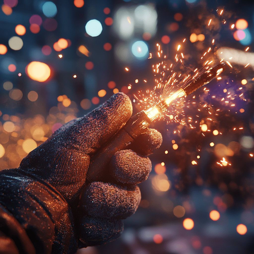 Ultra-realistische Nahaufnahme einer Rakete, die an Silvester angezündet wird, mit funkelnden Glutpartikeln und winterlicher Atmosphäre.