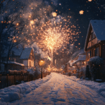Winterliche Szene in einem verschneiten Dorf, Silvesterfeuerwerk leuchtet am Himmel, traditionelle Fachwerkhäuser im Hintergrund.