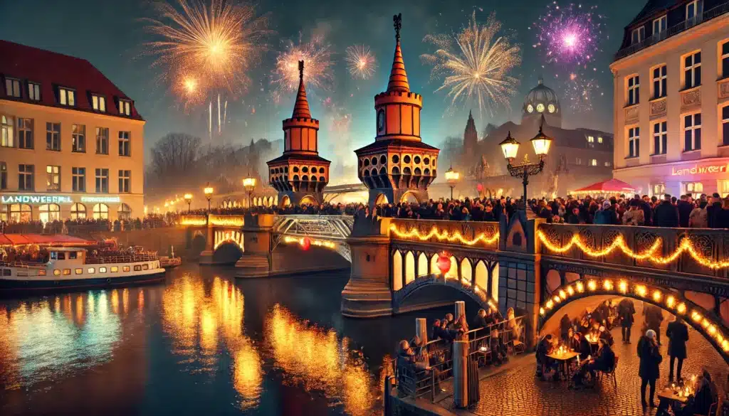 Admiralbrücke in Berlin-Kreuzberg an Silvester, mit Feuerwerk und romantischer Beleuchtung am Landwehrkanal