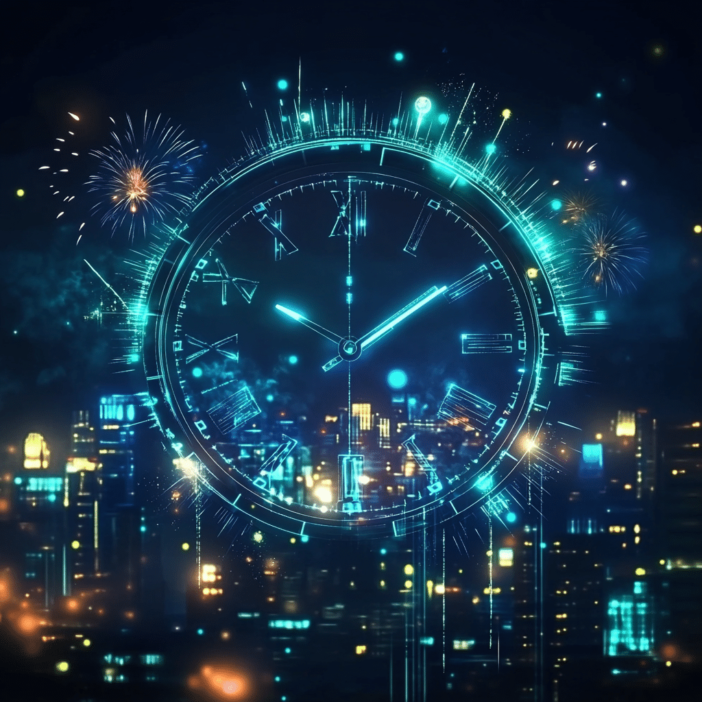 Leuchtende digitale Atomuhr mit Sekundenanzeige, im Hintergrund eine festliche Stadt bei Nacht mit Feuerwerken, passend zum Silvester Countdown.