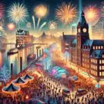 Silvester in Hamburg 2025 auf der Reeperbahn mit farbenfrohen Lichtern, Feuerwerk und tanzenden Menschen