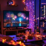 Ein gemütliches Wohnzimmer an Silvester, dekoriert mit Lichterketten, einem Fernseher mit Feuerwerksbild, Sektgläsern, Snacks und Blick auf eine Stadt.