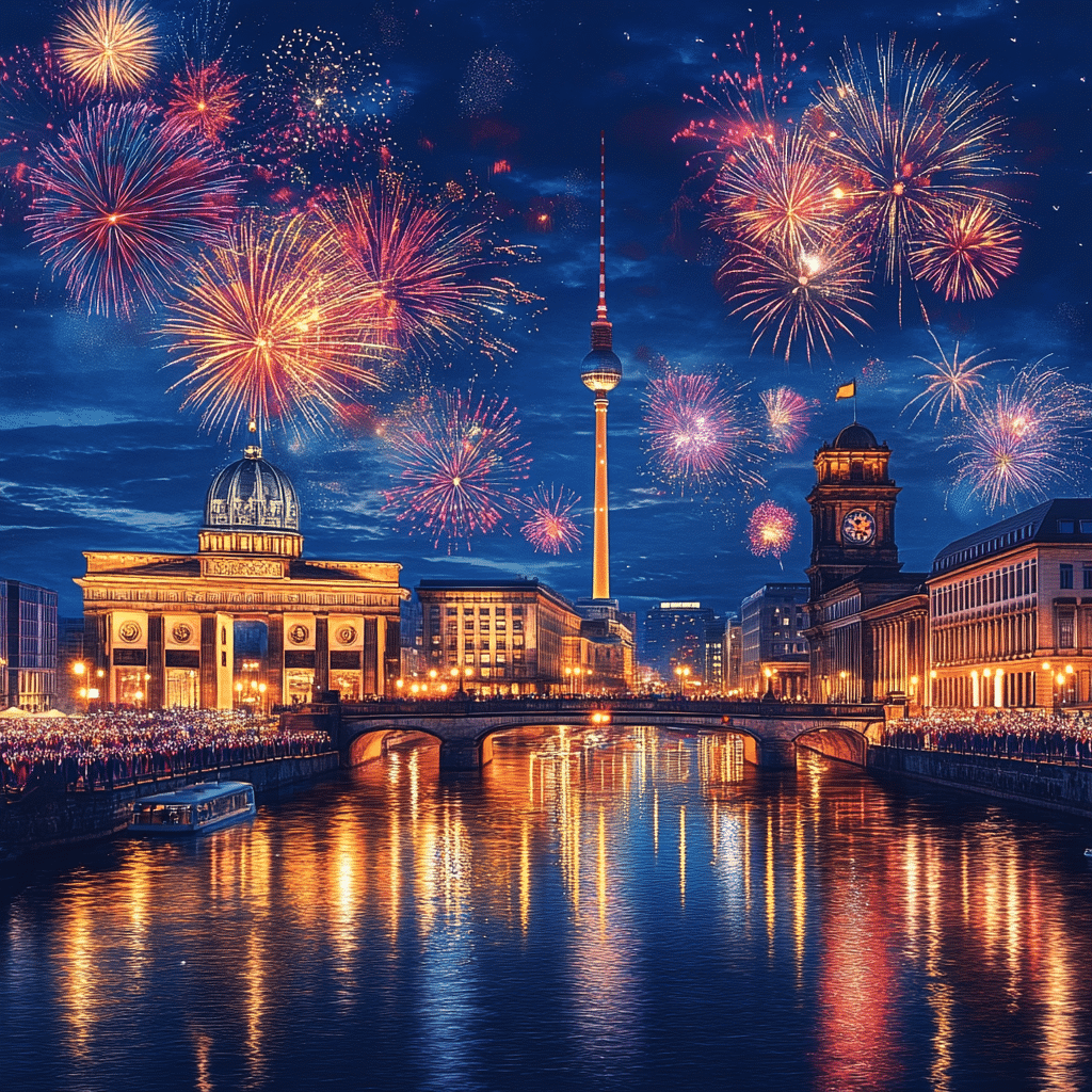 Feuerwerk über Berlin mit Blick auf Fernsehturm und Spree, perfekte Kulisse für eine Silvesterparty.