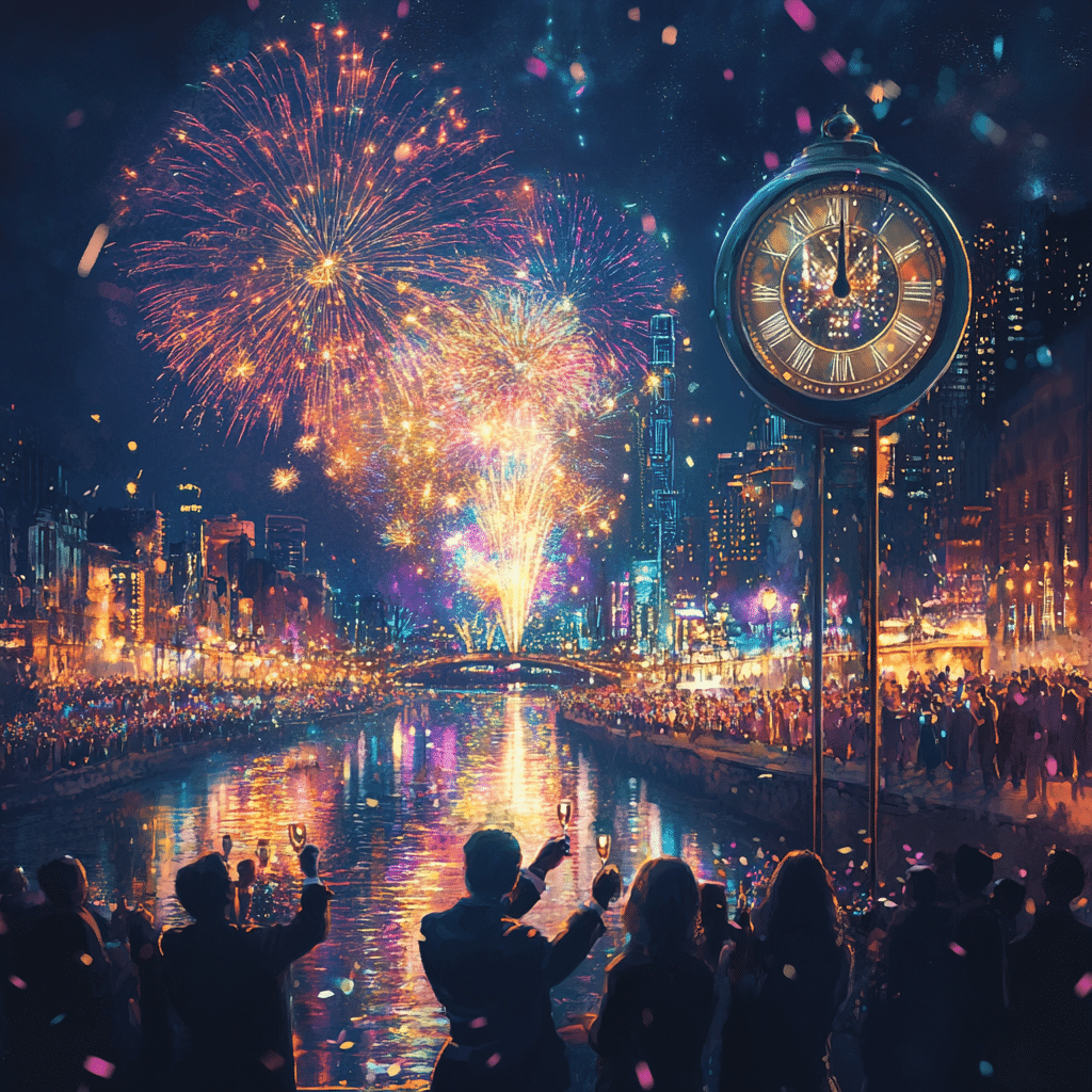 Beeindruckendes Silvester-Feuerwerk über einer Stadt mit Menschen, die am Fluss feiern und mit Sekt anstoßen