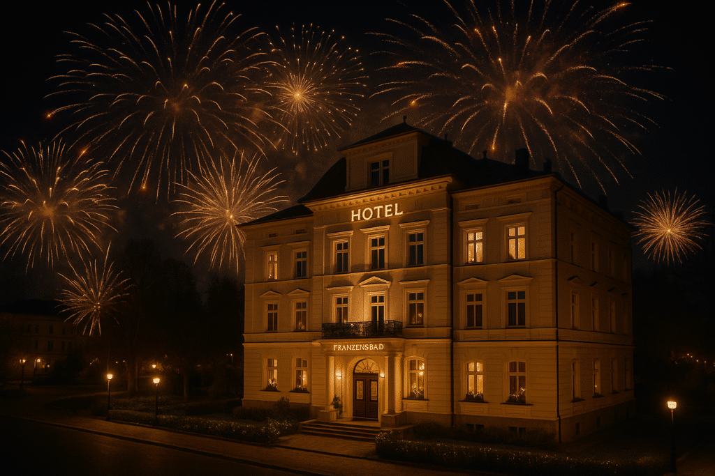 Hotel Bajkal in Franzensbad bei Nacht mit festlicher Silvesterbeleuchtung und großem Feuerwerk
