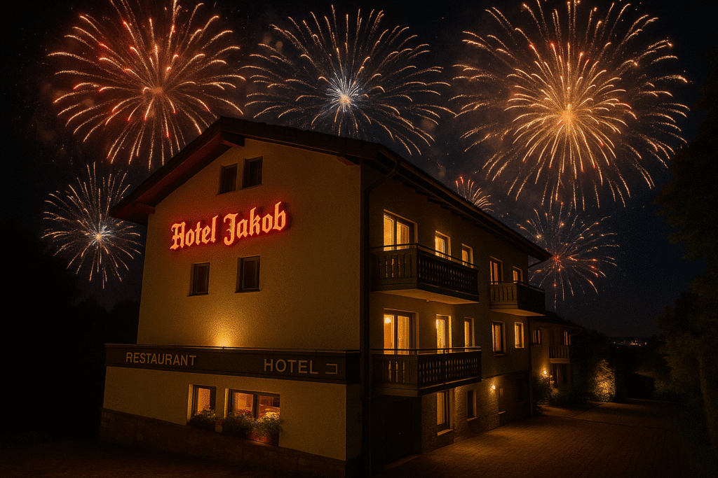 Hotel Jakob bei Nacht mit festlichem Silvester-Feuerwerk im Odenwald