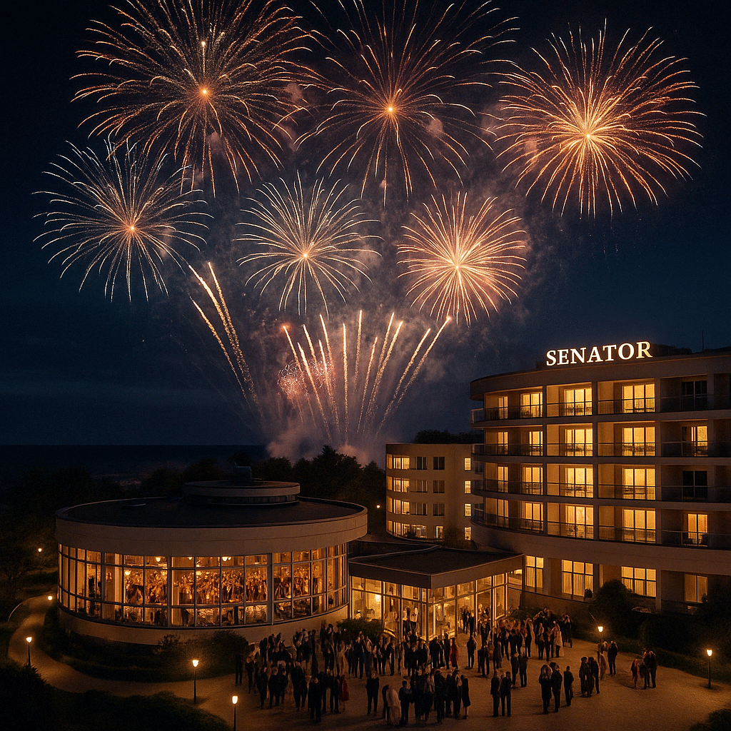 Feierliche Silvesternacht mit Feuerwerk vor dem Hotel Senator in Dźwirzyno