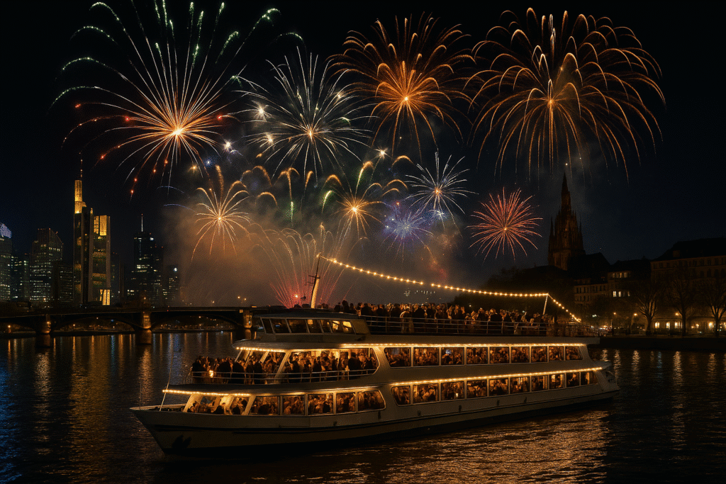 Feierliche Silvesternacht auf dem Schiff mit Blick auf das Feuerwerk und die Skyline von Frankfurt während des Aufenthalts im Aparthotel Adagio Frankfurt City Messe