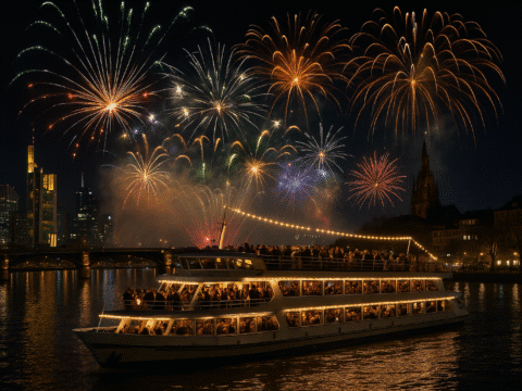 Feierliche Silvesternacht auf dem Schiff mit Blick auf das Feuerwerk und die Skyline von Frankfurt während des Aufenthalts im Aparthotel Adagio Frankfurt City Messe