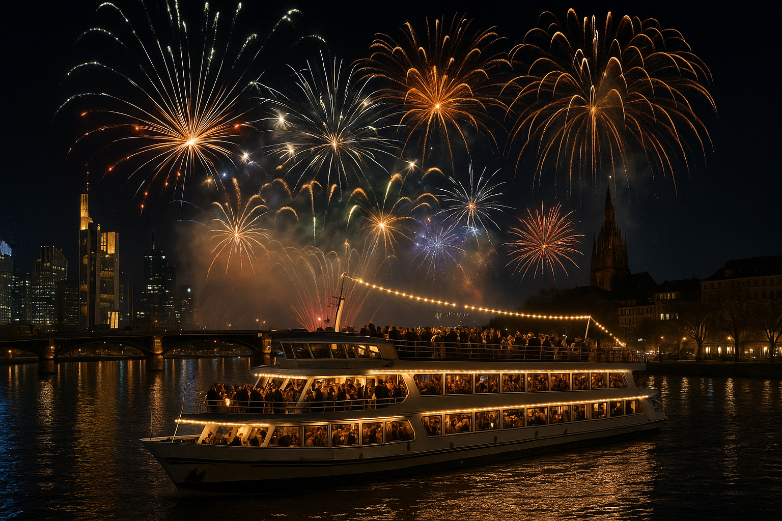 Feierliche Silvesternacht auf dem Schiff mit Blick auf das Feuerwerk und die Skyline von Frankfurt während des Aufenthalts im Aparthotel Adagio Frankfurt City Messe