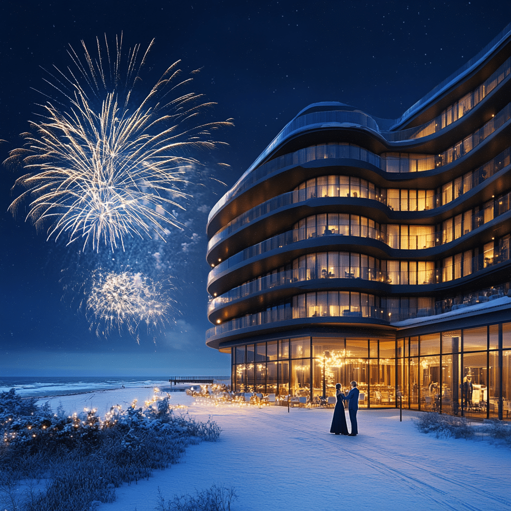 Feuerwerk an Silvester vor dem DIUNE Hotel & Resort mit Blick auf die Ostsee
