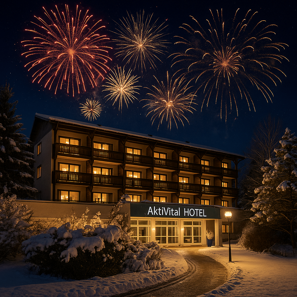 AktiVital Hotel bei Nacht mit Feuerwerk und verschneiter Winterlandschaft