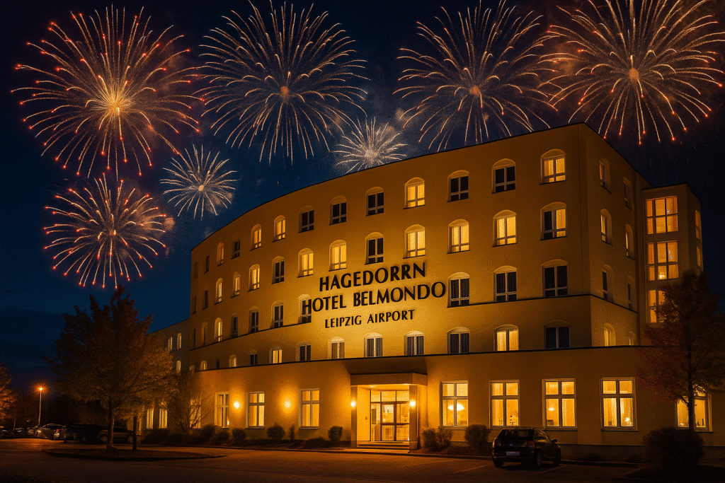 Silvesterfeuerwerk über dem Hagedorn Hotel Belmondo Leipzig Airport bei Nacht
