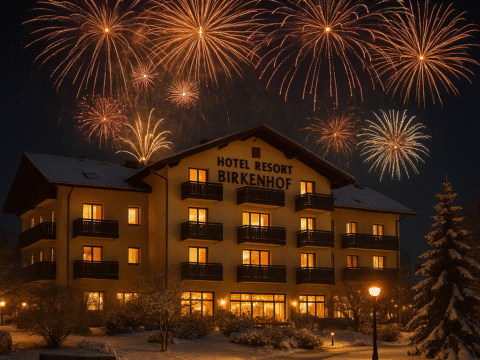 Hotel Resort Birkenhof im Schnee mit Silvester-Feuerwerk