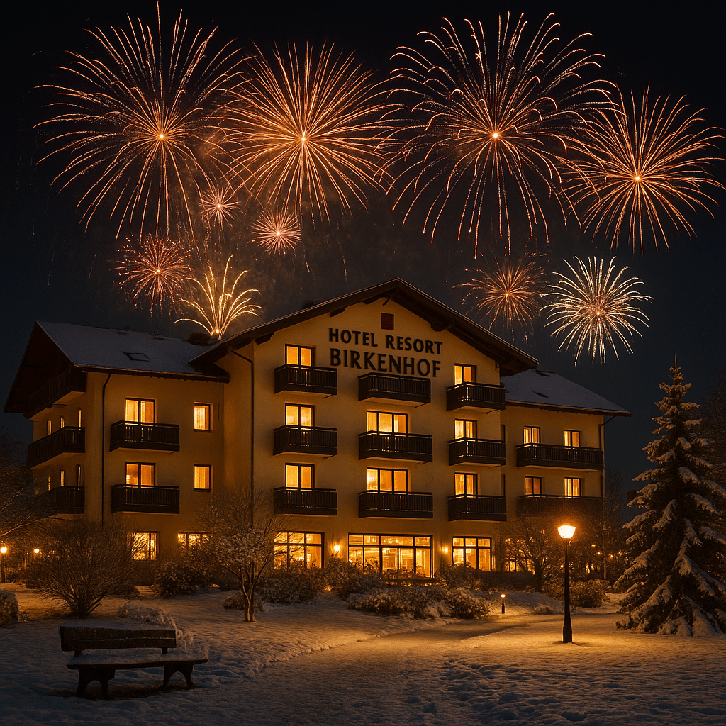 Hotel Resort Birkenhof im Schnee mit Silvester-Feuerwerk