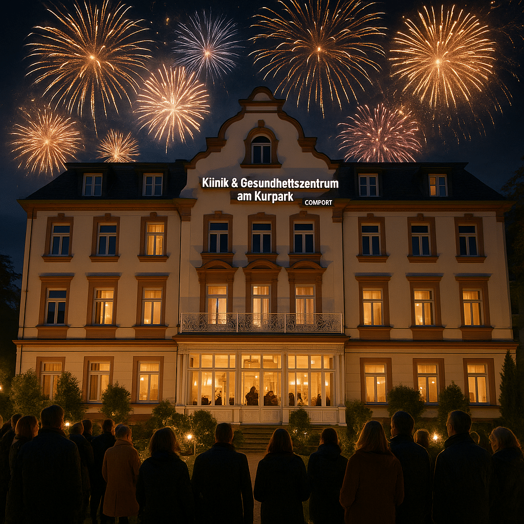 Feierliches Silvesterfeuerwerk über dem Klinik & Gesundheitszentrum am Kurpark