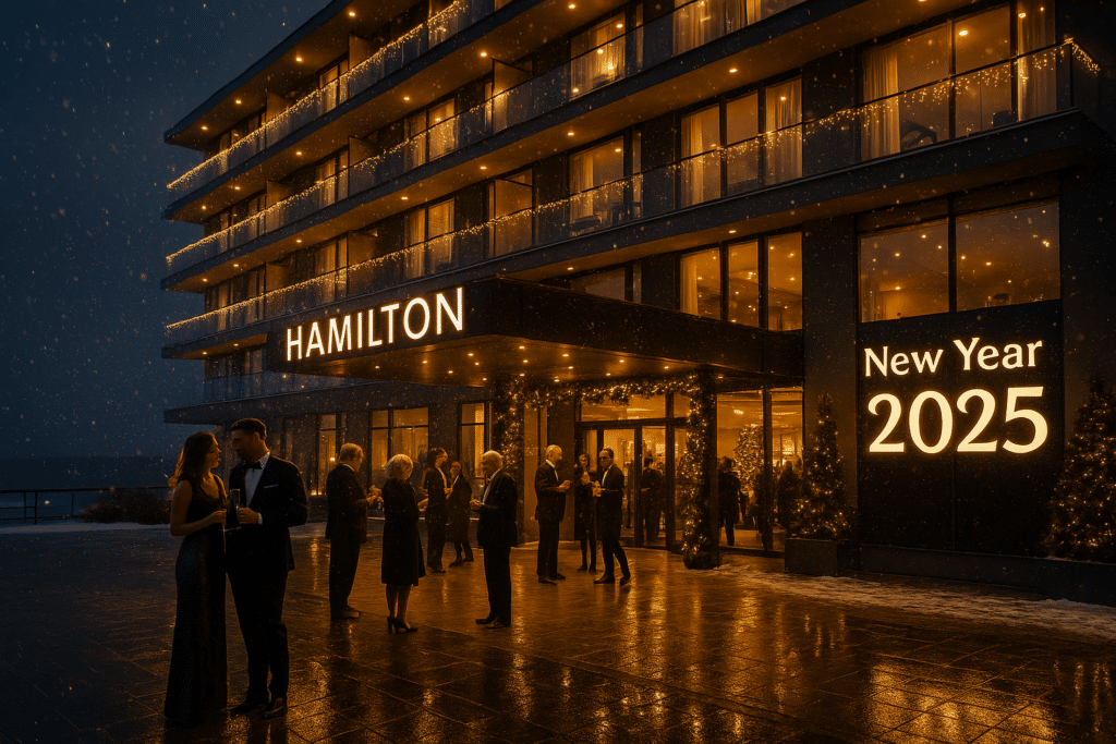 Elegante Silvesternacht vor dem Hamilton Hotel in Swinemünde mit Gästen im Abendkleid bei Schnee und Lichterglanz