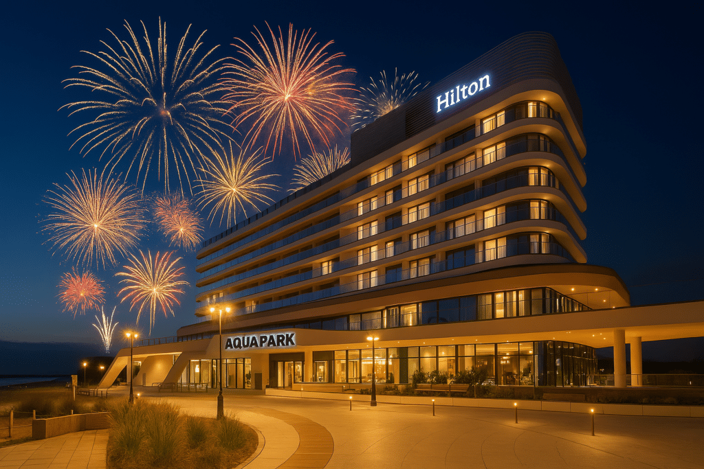 Hilton Resort & Spa Swinemünde bei Nacht mit Feuerwerk zu Silvester
