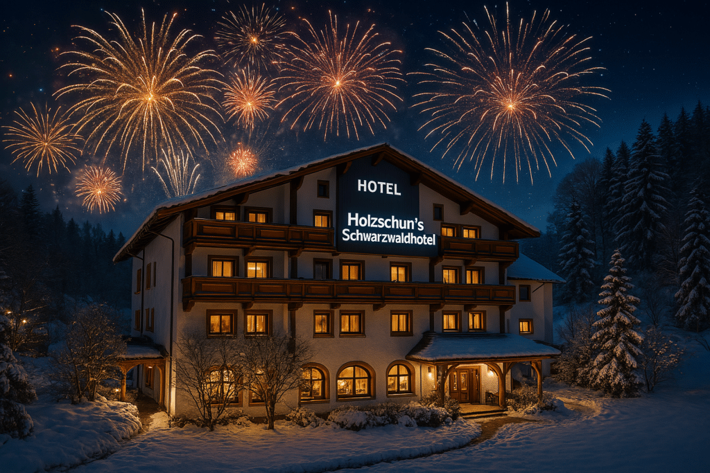 Feierliches Silvester am Holzschuh's Schwarzwaldhotel mit Feuerwerk über dem verschneiten Hotel im Schwarzwald