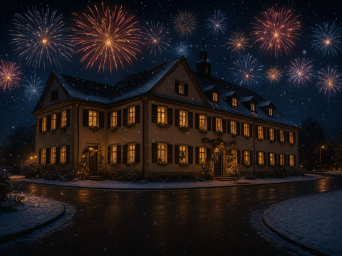 Festlich beleuchtetes Hotel Alte Post im Schnee mit Feuerwerk an Silvester