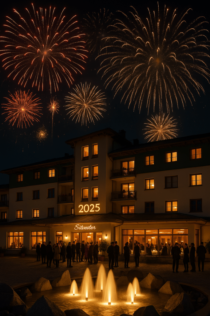Gäste feiern Silvester vor dem festlich beleuchteten Hotel am Kurhaus mit großem Feuerwerk