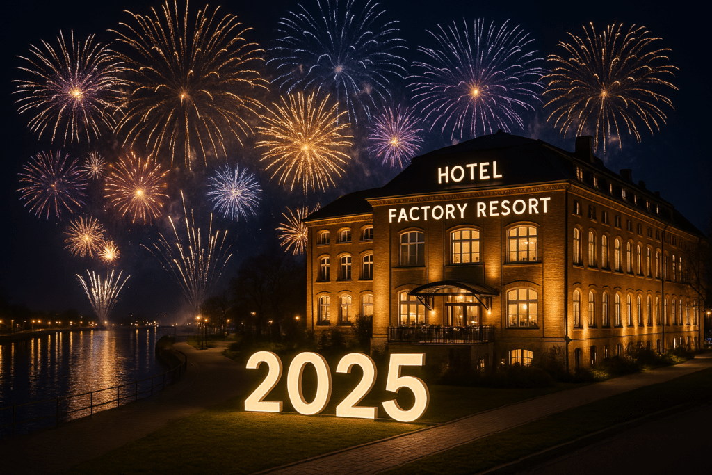 Hotel Factory Resort bei Nacht mit großem Silvesterfeuerwerk