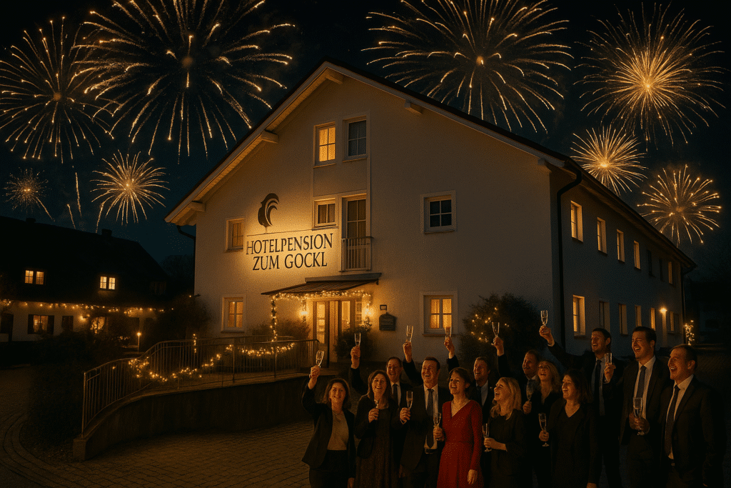 Hotelpension zum Gockl bei Nacht mit Gästen und Feuerwerk zu Silvester