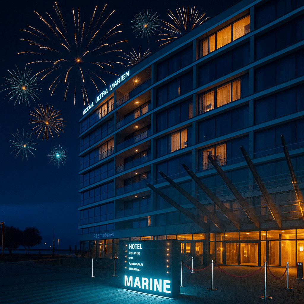 Silvesterfeuerwerk über dem Marine Hotel & Ultra Marine bei Nacht