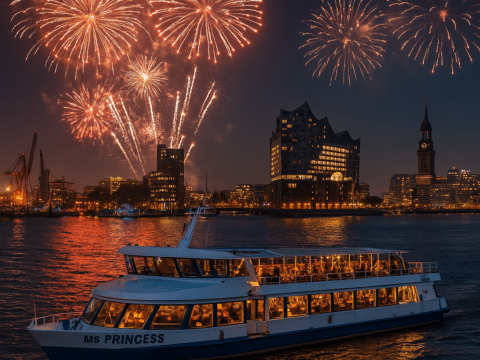MS Princess bei Silvesterfahrt auf der Elbe mit Feuerwerk und Skyline Hamburg