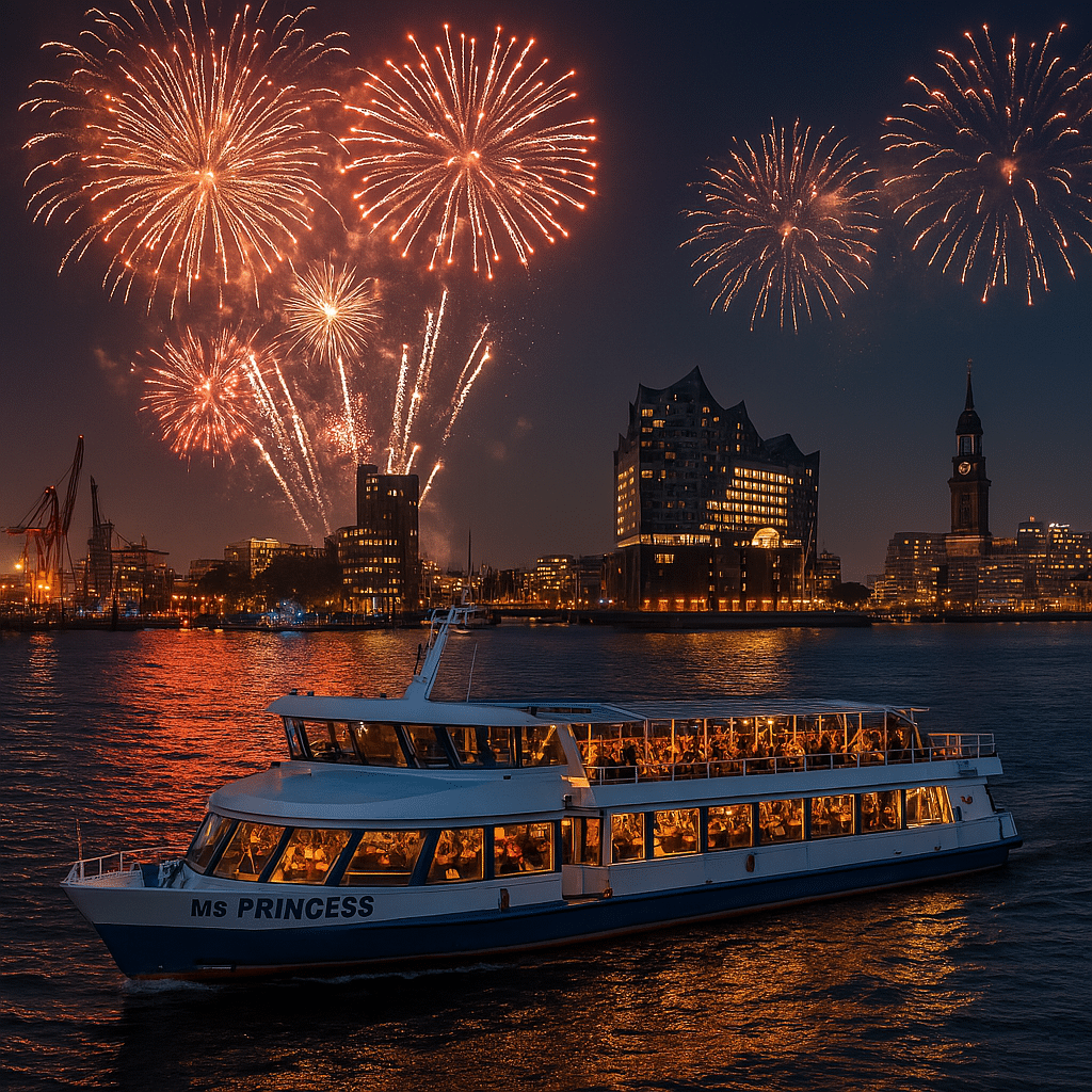MS Princess bei Silvesterfahrt auf der Elbe mit Feuerwerk und Skyline Hamburg