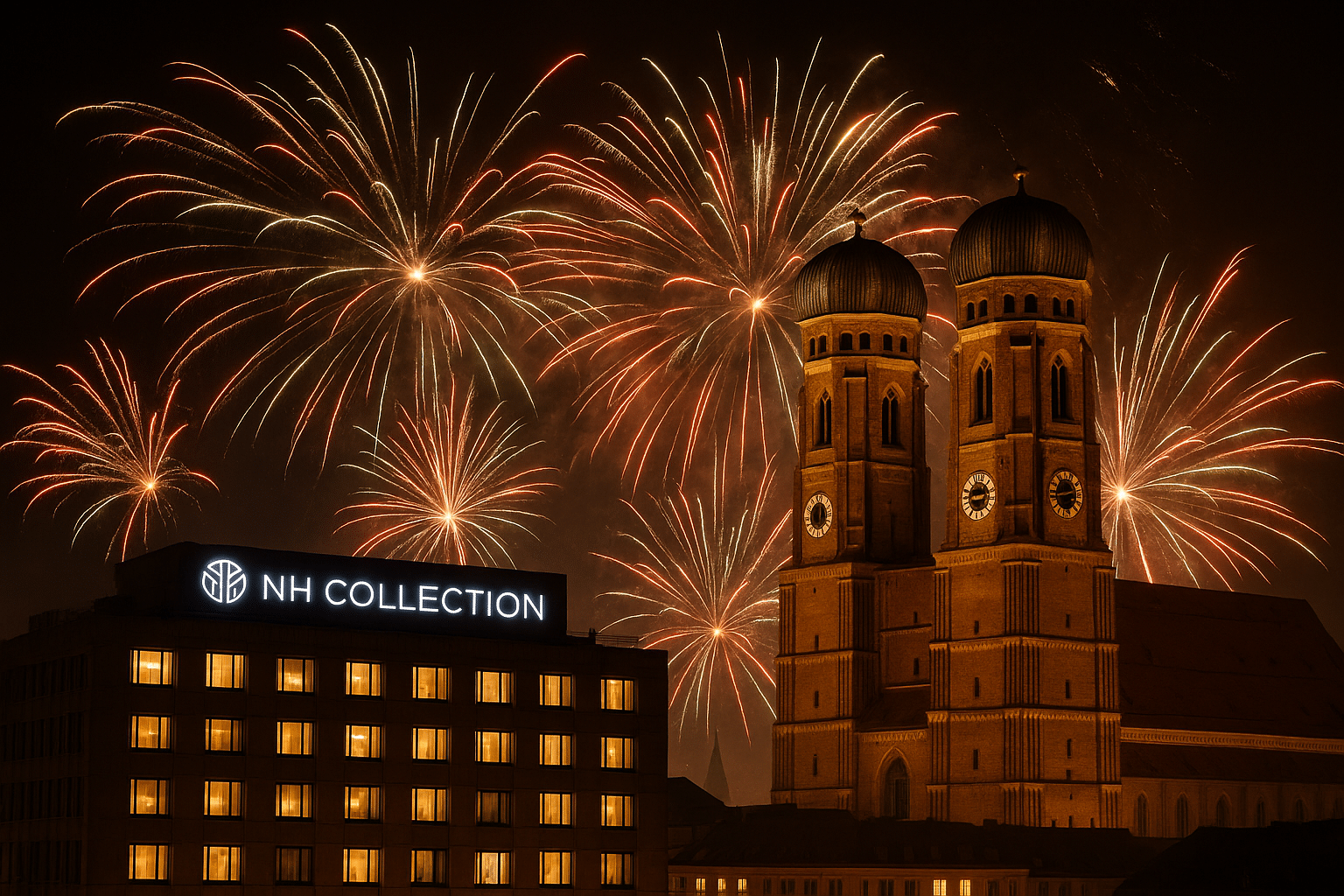 Spektakuläres Feuerwerk über dem NH Collection München Bavaria zu Silvester