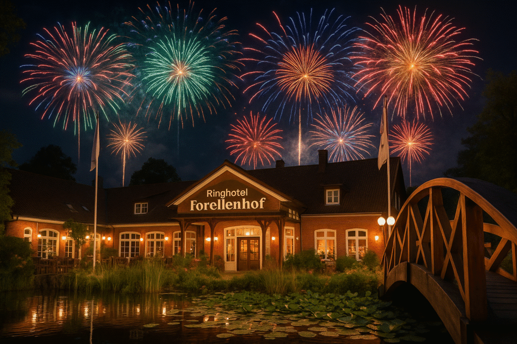 Feuerwerk über dem Ringhotel Forellenhof zu Silvester mit festlicher Beleuchtung und Brücke am Teich