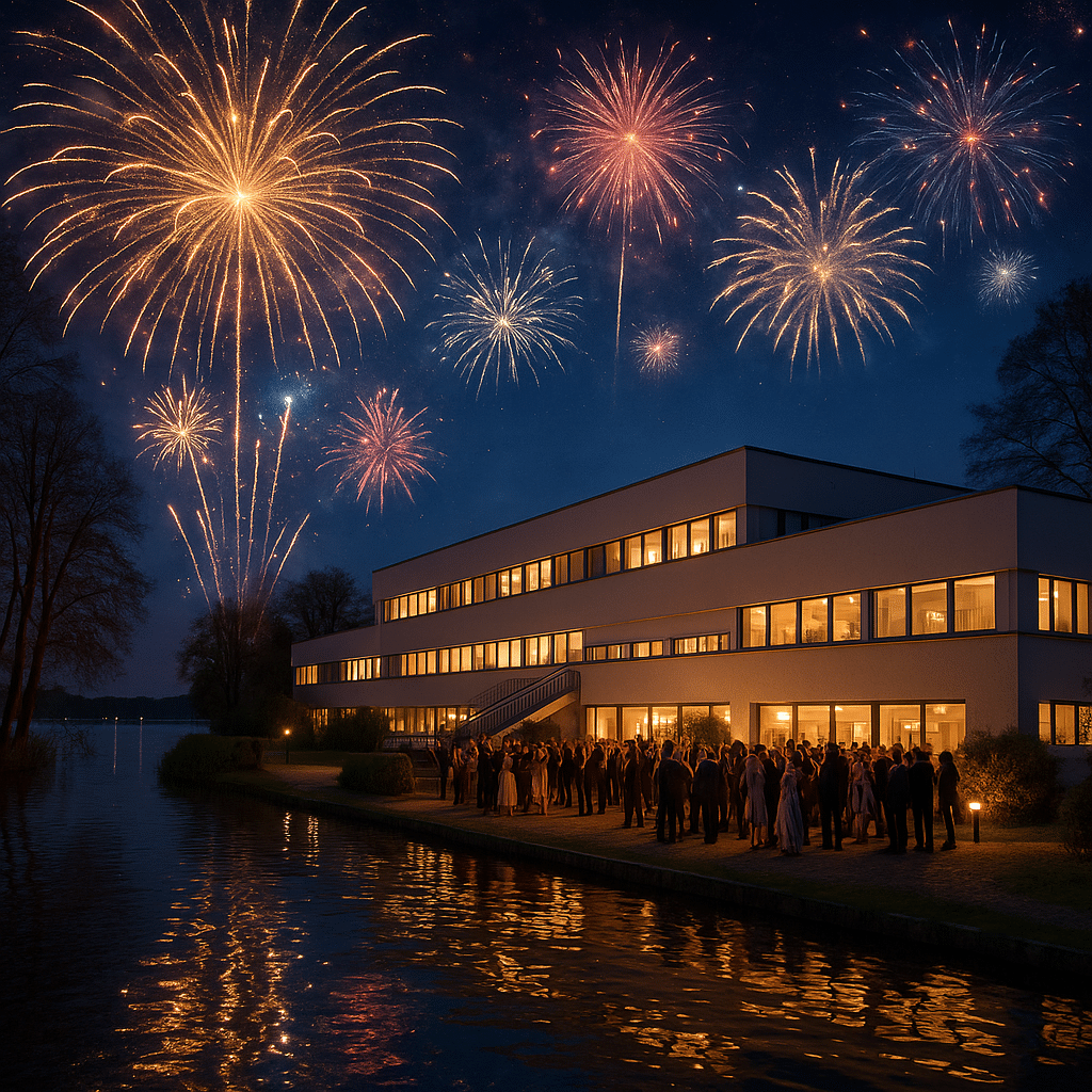 Silvesterfeier mit Feuerwerk vor dem Seepark Hotel am Wandlitzsee mit Gästen am Ufer und leuchtendem Nachthimmel