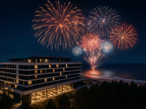 Nächtliches Feuerwerk über der Ostsee beim Shellter Hotel Resort & Spa an Silvester