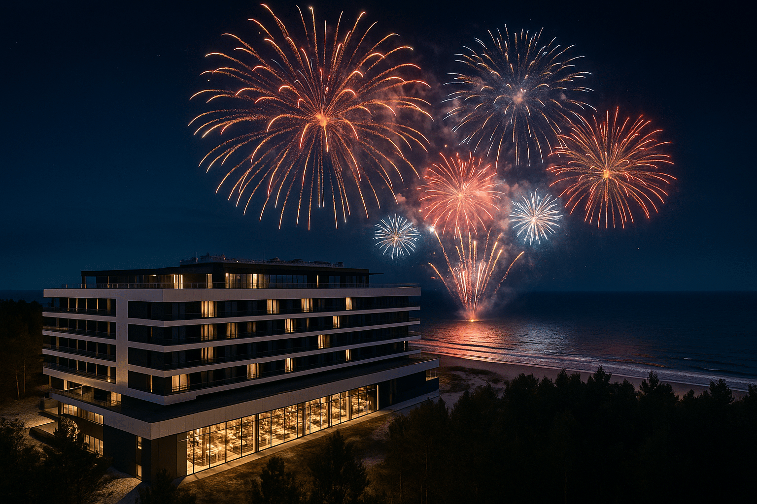 Nächtliches Feuerwerk über der Ostsee beim Shellter Hotel Resort & Spa an Silvester