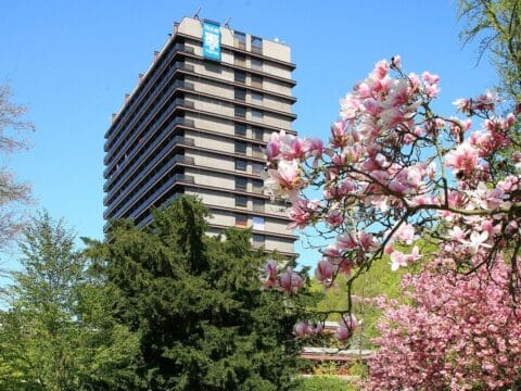 Spa Hotel Thermal Hochhaus in Karlsbad umgeben von Blüten an Silvester