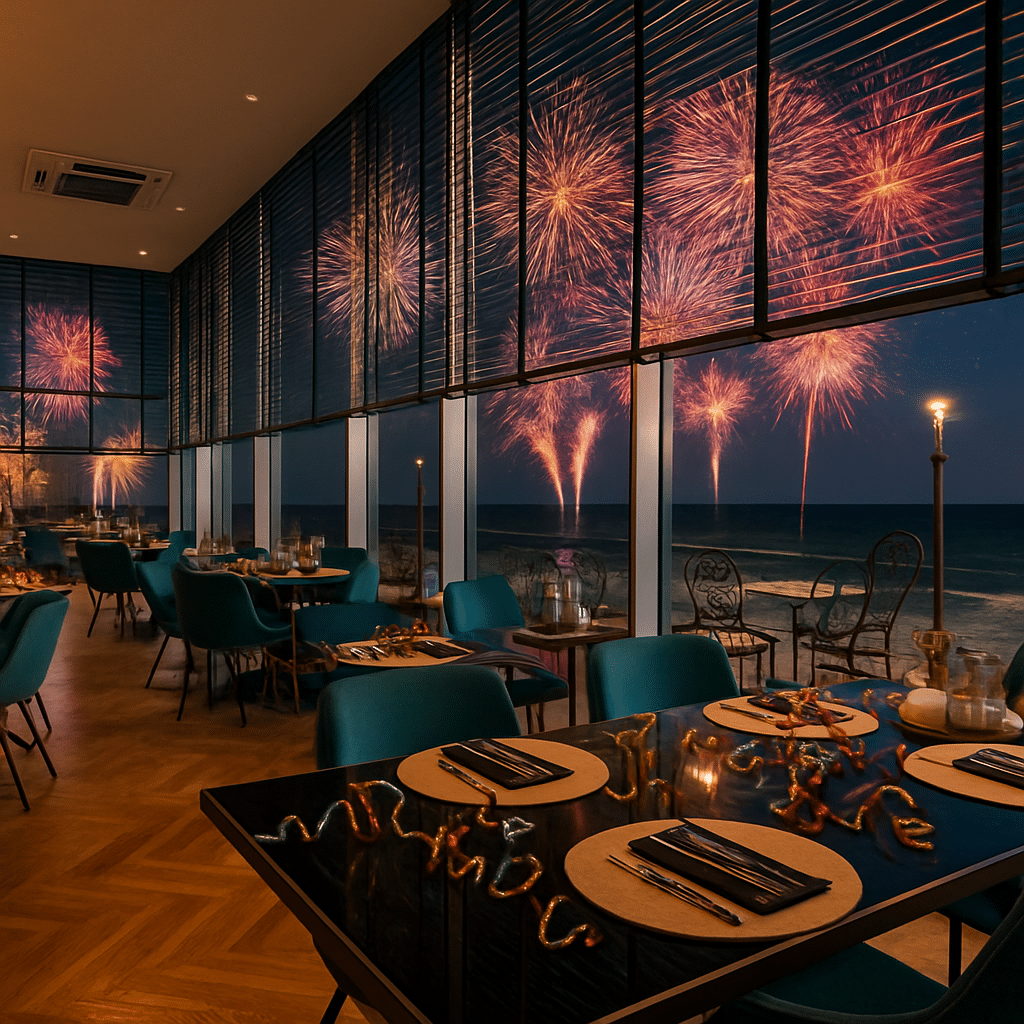 Festlich dekoriertes Restaurant im Strandhotel Ahlbeck mit Blick auf das Silvesterfeuerwerk über der Ostsee