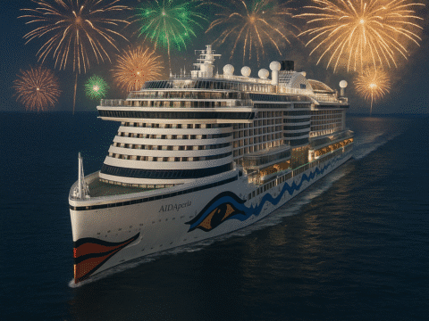 AIDAperla Kreuzfahrtschiff bei Nacht mit Feuerwerk an Silvester