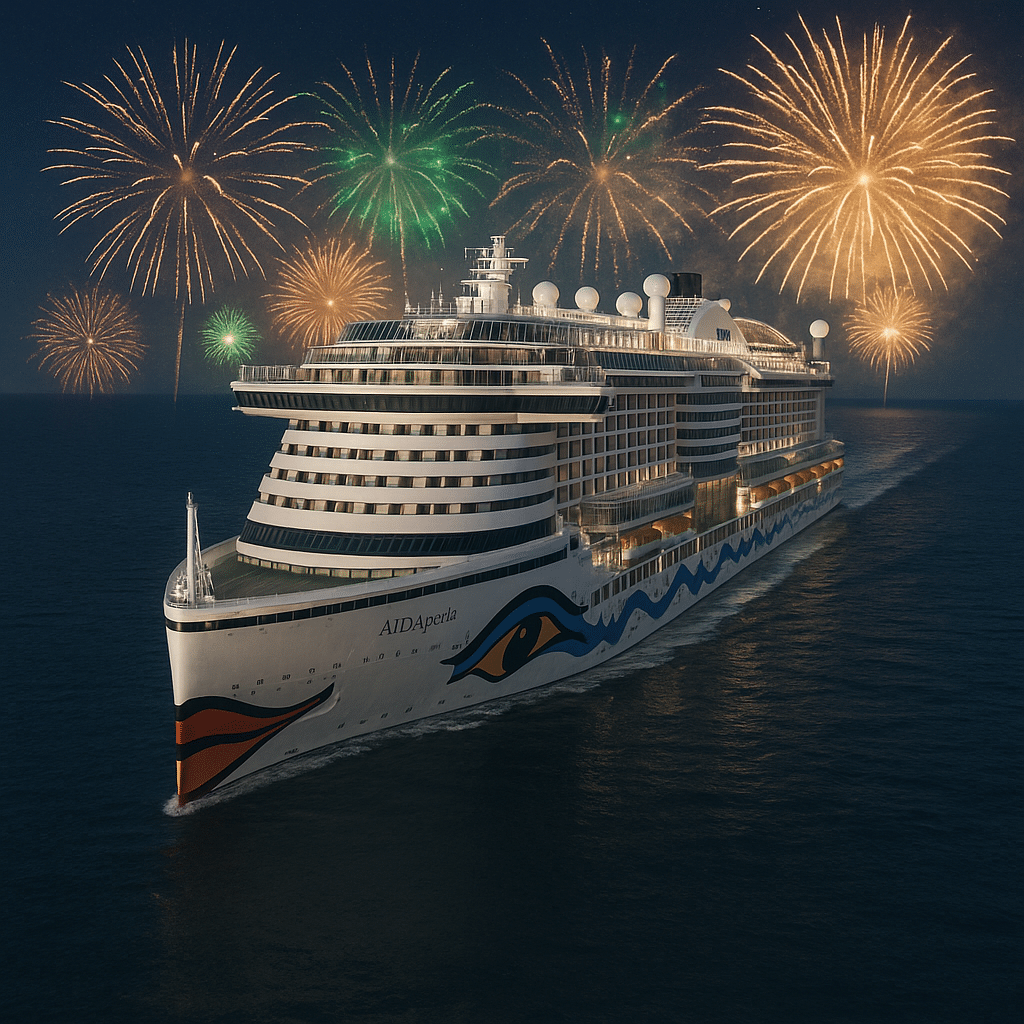 AIDAperla Kreuzfahrtschiff bei Nacht mit Feuerwerk an Silvester