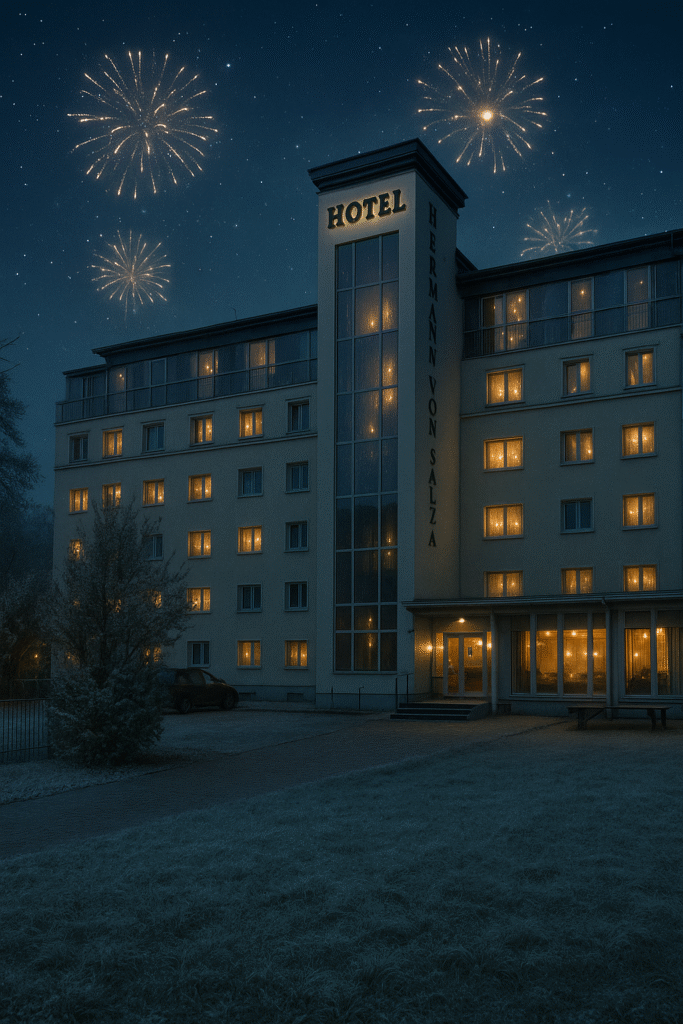 Beleuchtetes Alpha Hotel Hermann von Salza bei Nacht mit Silvesterfeuerwerk