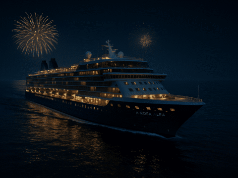 Kreuzfahrtschiff Celebrity Solstice bei Silvester mit Feuerwerk