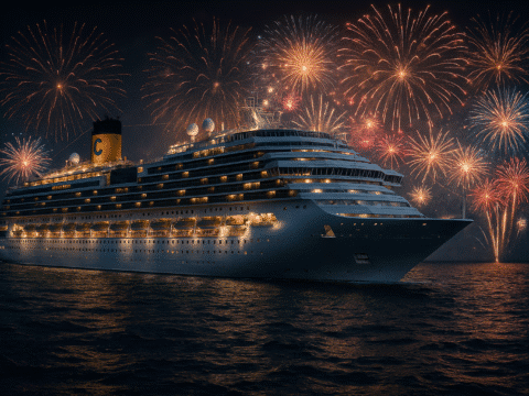 Die Costa Fortuna bei Nacht mit Feuerwerk zum Silvesterabend