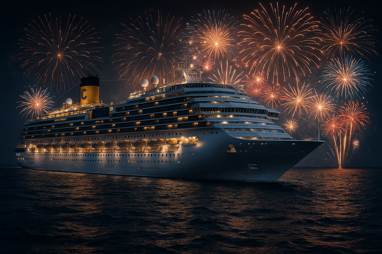 Die Costa Fortuna bei Nacht mit Feuerwerk zum Silvesterabend