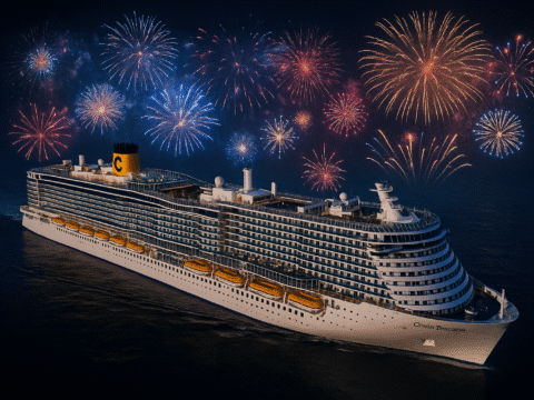 Costa Toscana bei Nacht mit Silvesterfeuerwerk auf dem Meer