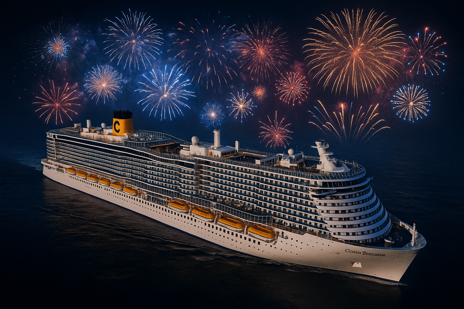 Costa Toscana bei Nacht mit Silvesterfeuerwerk auf dem Meer
