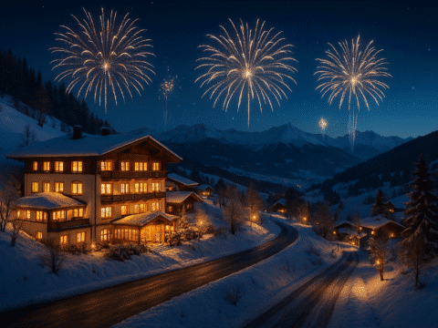 Der Gasthof Berghof im Zillertal bei Nacht mit dezentem Feuerwerk zu Silvester