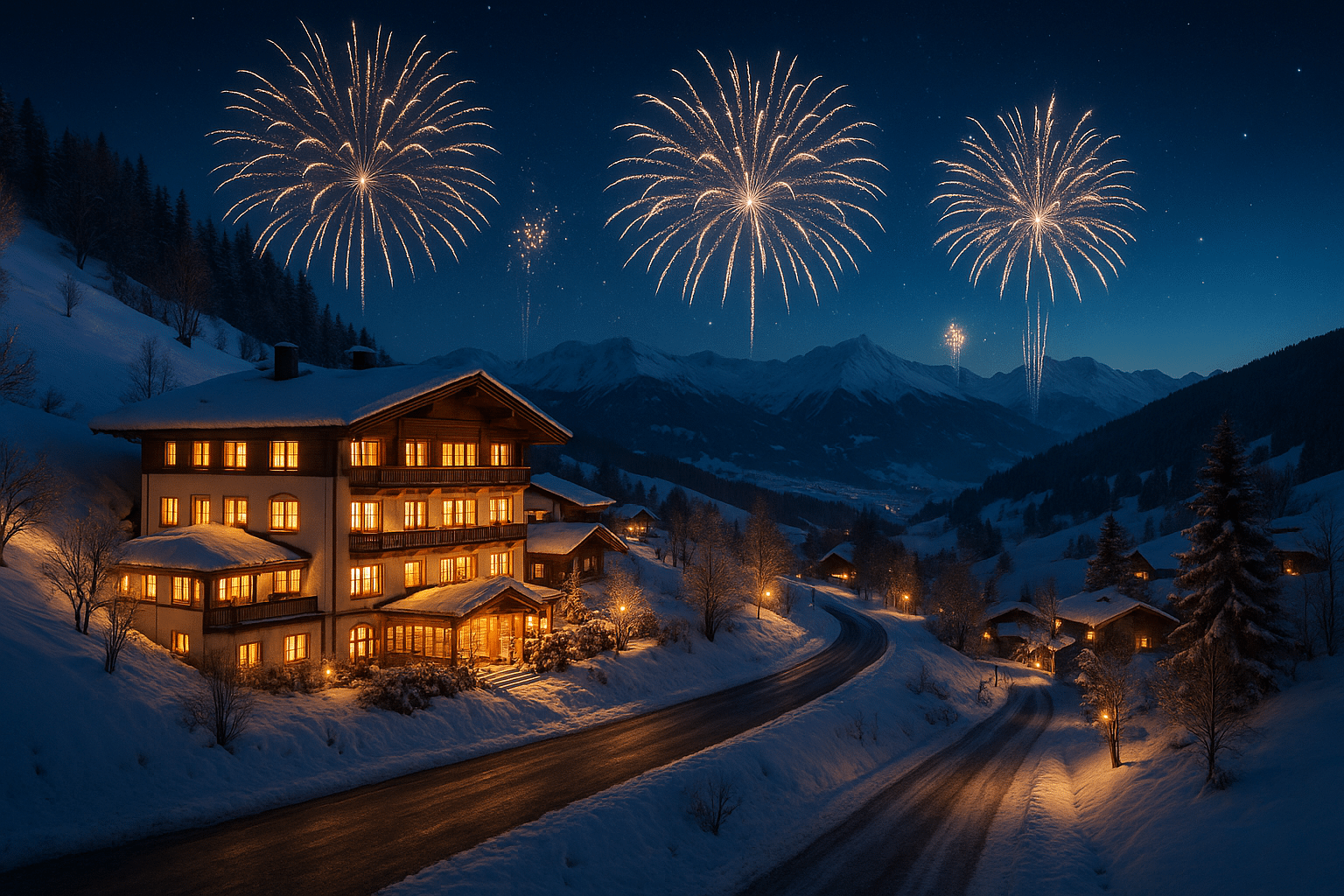 Der Gasthof Berghof im Zillertal bei Nacht mit dezentem Feuerwerk zu Silvester